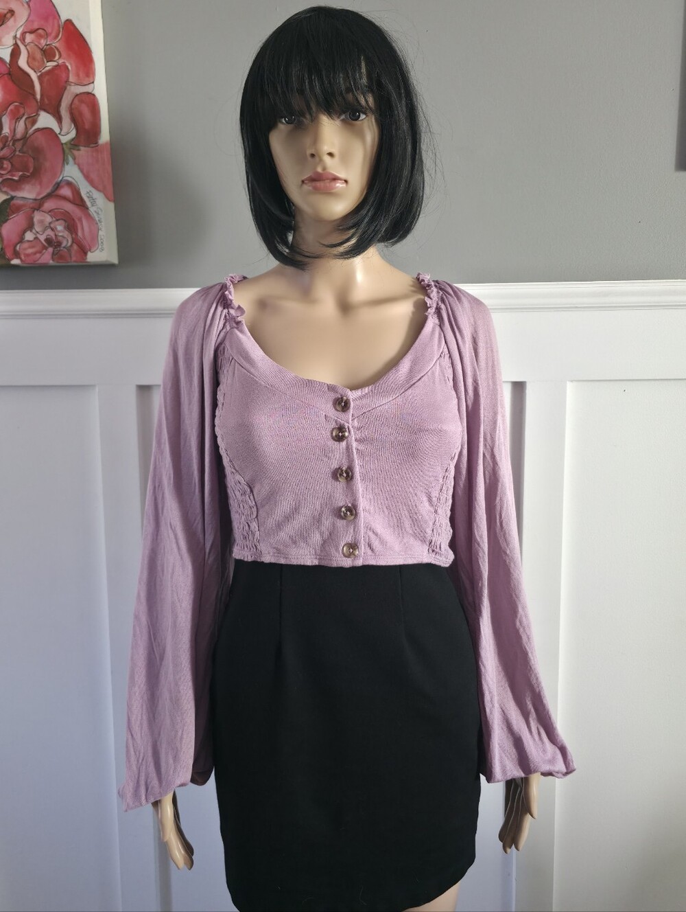 Urban Outfitters Lilac Long Sleeve Button-Front Crop Top, Boho Cottagecore, XL